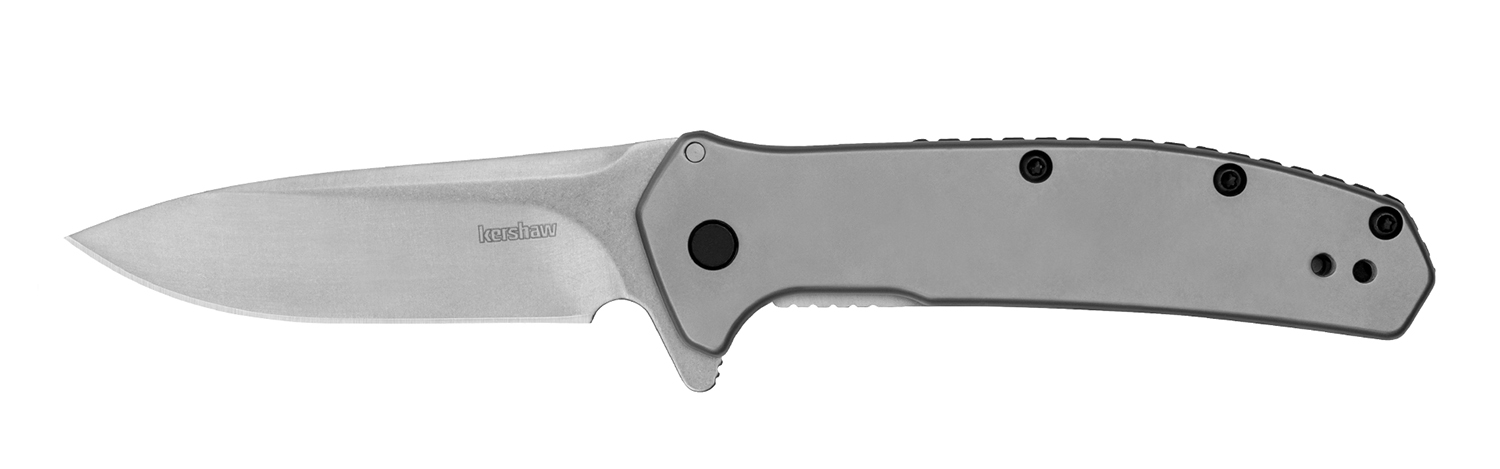 Kershaw  Outcome  2.80″ Folding Clip Point Plain Stonewashed 8Cr13MoV SS Blade/Bead Blasted Stainless Steel Handle Includes Pocket Clip