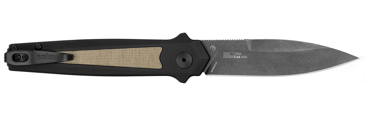 Kershaw  Launch 15 Full Size 3.50″ Folding Spear Point Plain Black Oxide Blackwash CPM MagnaCut Steel Blade/Black Anodized w/Tan Canvas Aluminum w/Micarta Inserts Handle Includes Pocket Clip