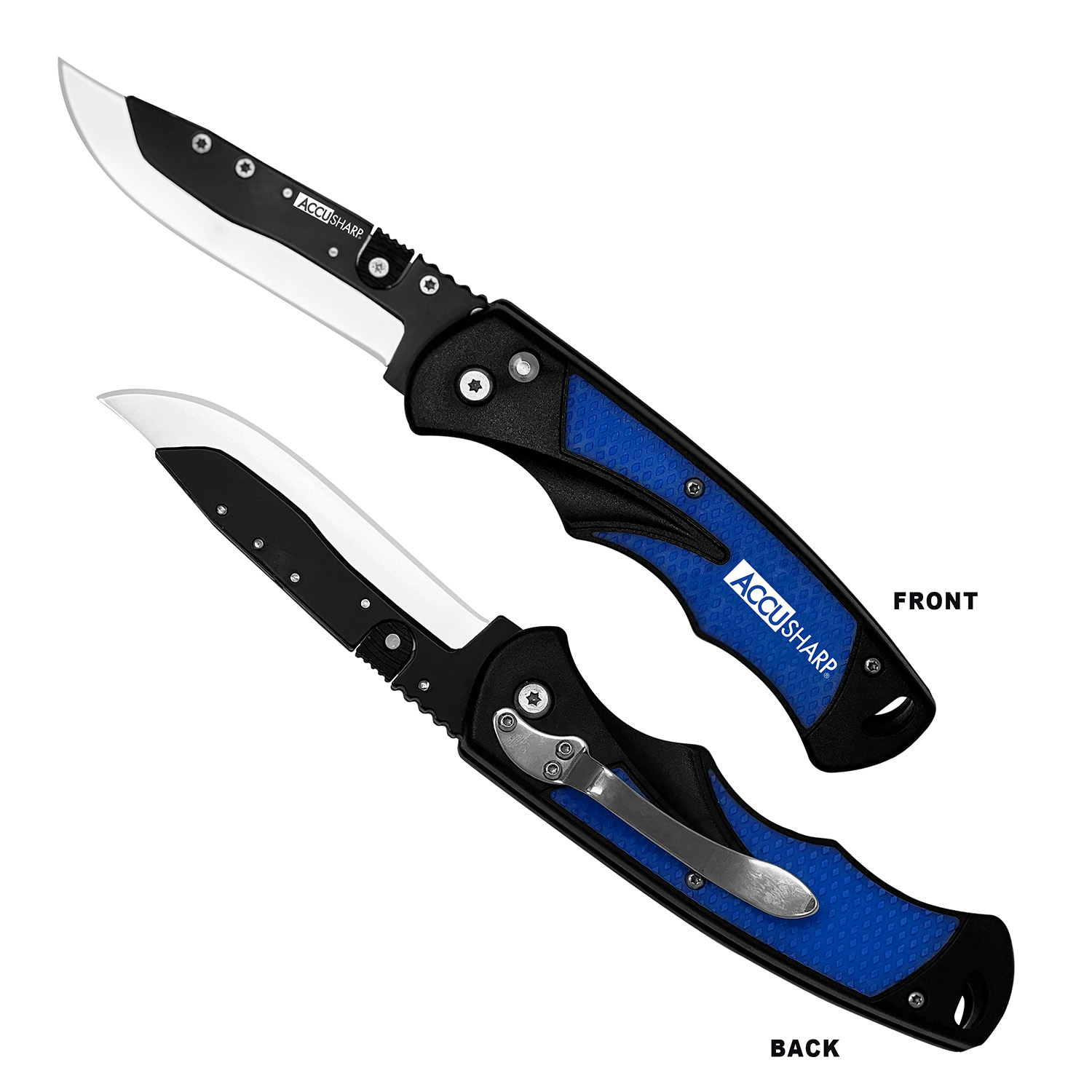 AccuSharp 743C Replaceable Blade Razor  3.50″ Folding Plain Stainless Steel Blade/Royal Blue Ergonomic Anti-Slip Anodized Aluminum Handle/Includes 2 Replacement Blades/Belt Clip