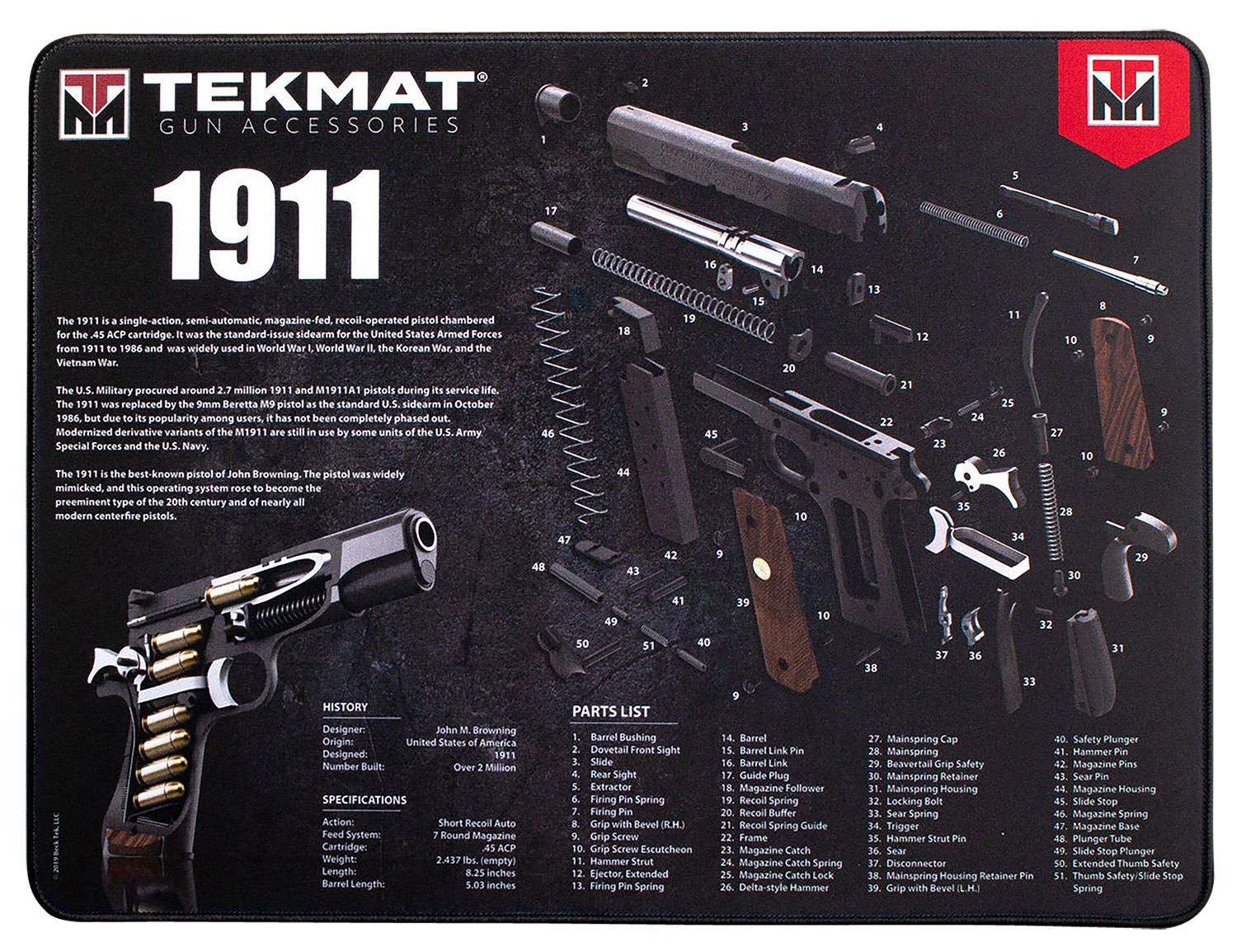 TekMat TEKR2019113D  Ultra 20 Cleaning Mat Black/White Rubber 15″x20″ 1911 Parts Diagram