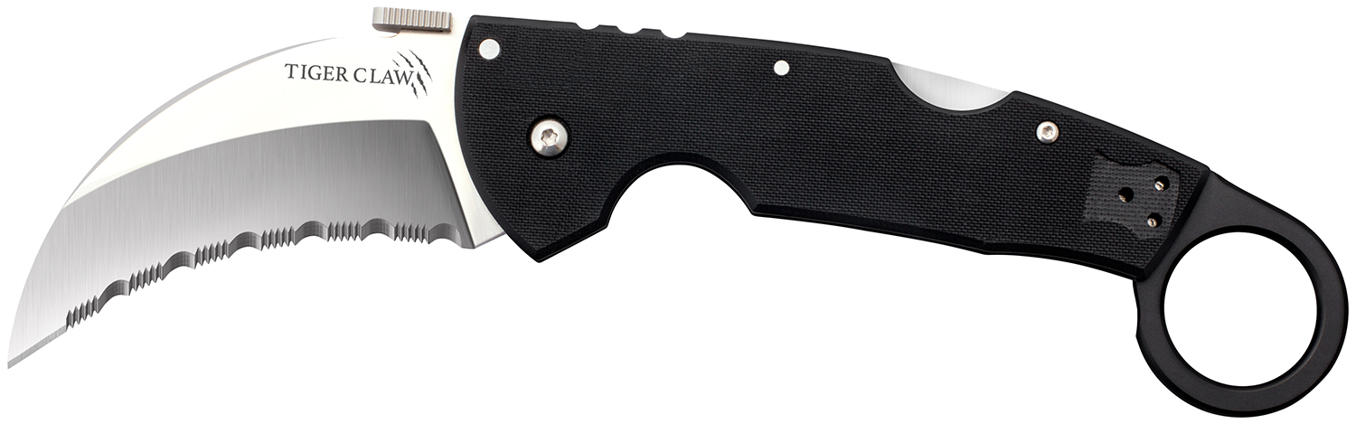 Cold Steel CS22KFS Tiger Claw  3.50″ Folding Hawkbill Serrated Stonewashed American S35VN Blade/6″ Matte Black w/Ring G10 Handle Includes Belt Clip