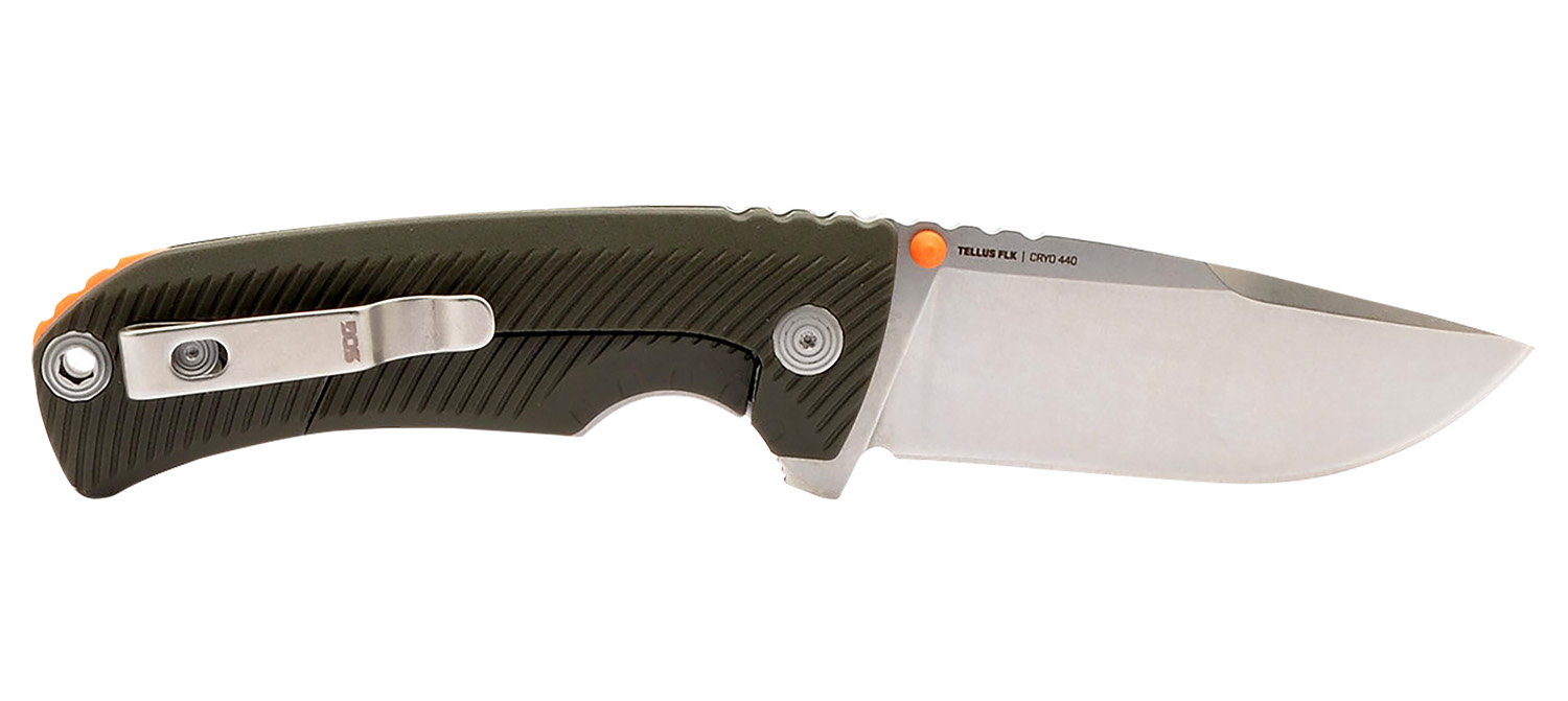 S.O.G SOG14060143 Tellus FLK  3.65″ Folding Clip Point Plain Stonewashed Cryo 440C SS Blade/ Olive Drab Textured GRN Handle
