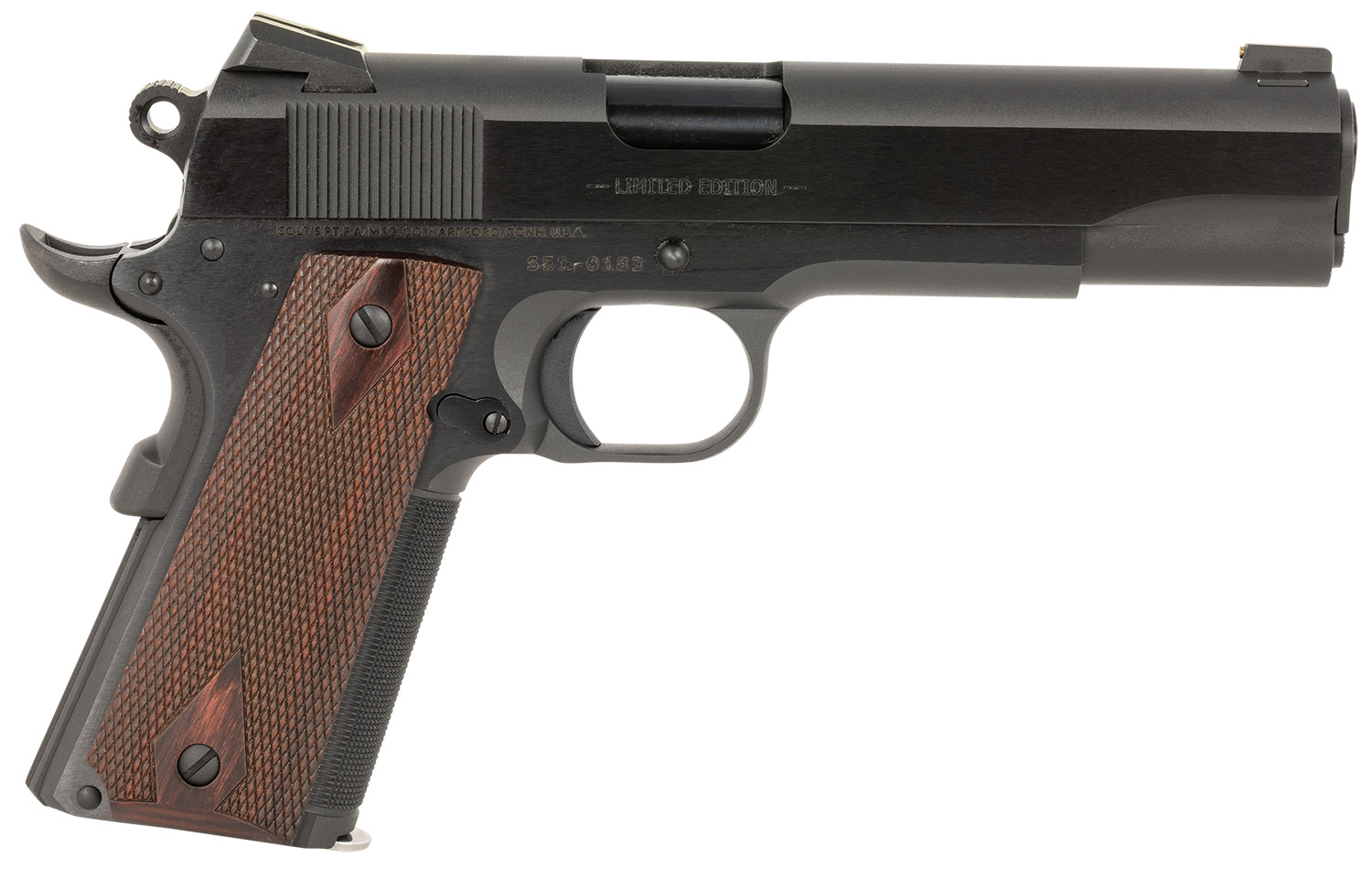 Colt Mfg O1911SE-A1 Government Limited Edition 45 ACP 7+1 5″ Blued National Match Barrel, Blued Steel Serrated Slide, Blued Carbon Steel Frame w/Beavertail, Rosewood Checkered Grip, Ambidextrous