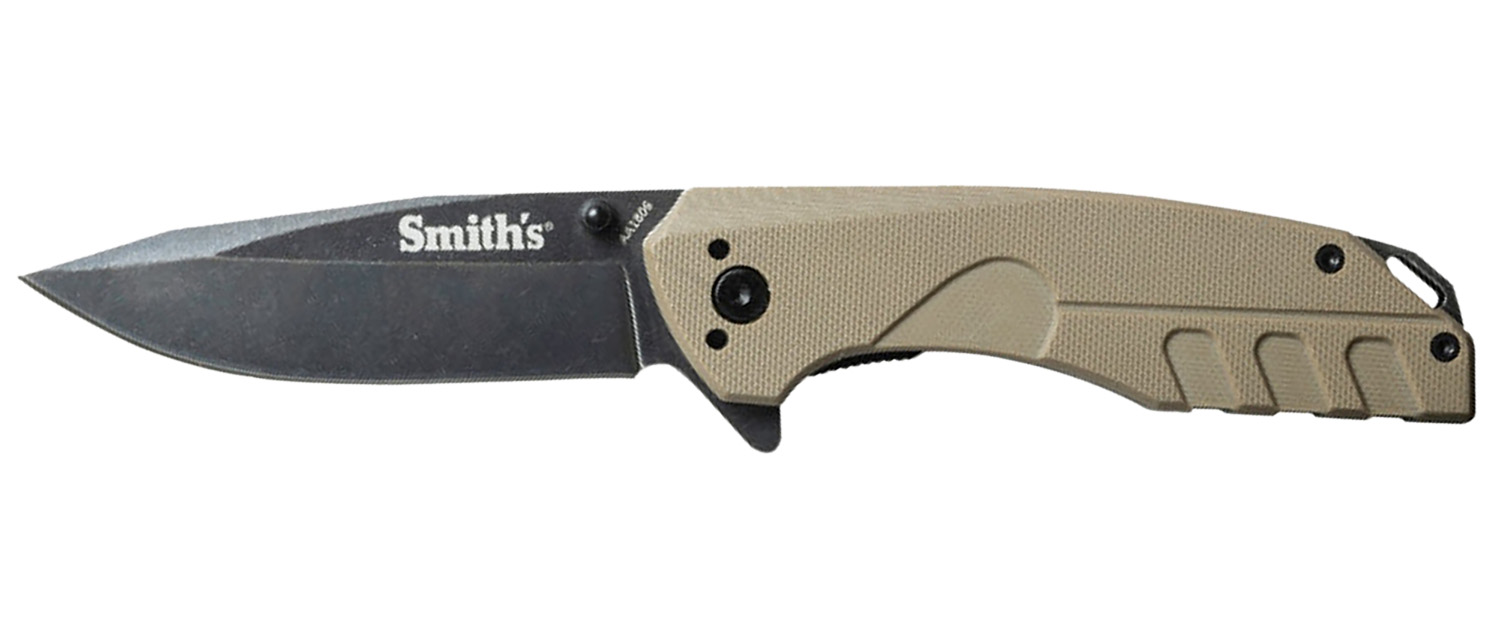 Smiths Products 50995 BattlePlan  3.35″ Folding Drop Point Plain Black Stonewashed 400 SS Blade/ Desert Tan G10 Handle Includes Pocket Clip