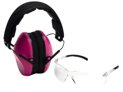 Pyramex VGCOMBO210 Low-Profile Combo Kit  Scratch Resistant Clear Lens & Frame with Rubber Temple Tips Pink Low-Profile Earmuffs