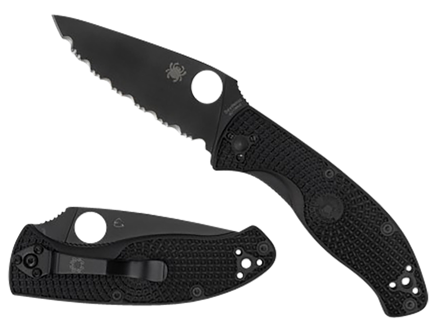 Spyderco C122PSBBK Tenacious Lightweight 3.39″ Folding Part Serrated Black Oxide 8Cr13MoV SS Blade/Black Bi-Directional Texturing FRN Handle Includes Pocket Clip