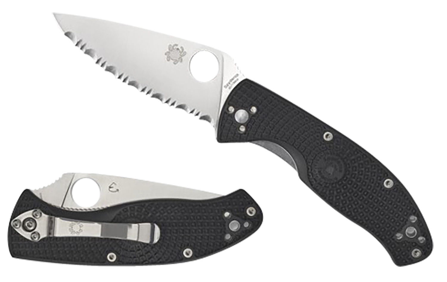 Spyderco C122PSBK Tenacious Lightweight 3.39″ Folding Part Serrated Satin 8Cr13MoV SS Blade/Black Bi-Directional Texturing FRN Handle Includes Pocket Clip