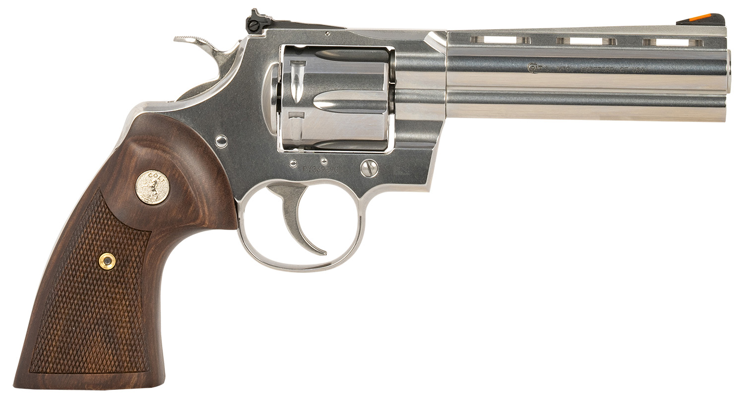 Colt Mfg PYTHONSP5WTS Python  357 Mag/38 Special 6 Shot 5″ Stainless Recessed Target/Vent Rib Barrel, Stainless Cylinder & Frame, Walnut w/Colt Medallion Grip