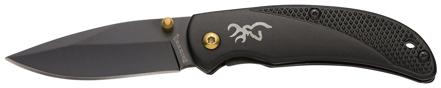 Browning 3220340 Prism 3  EDC Folding 2.38″ Plain Black Oxide 7Cr17MoV SS Blade, Black w/Brass Accents & Logo Anodized Aluminum Handle, Includes Pocket Clip