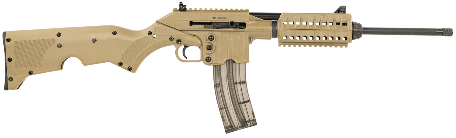 Kel-Tec SU22CATAN SU22  Full Size 22 LR 26+1 16.10″ Black Threaded Barrel, Tan Picatinny Rail Polymer Receiver, Tan Synthetic w/Storage Compartment Stock