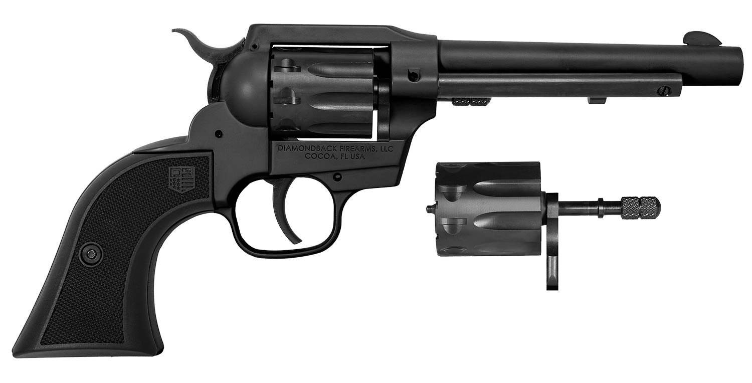 Diamondback DB053CA001 Sidekick  22 LR/22 Mag 9 Shot, 5.50″ Black Cerakote Steel Barrel & Cylinder, Black Cerakote Zinc Alloy Frame, Black Checkered GFN Grip, Exposed Hammer, Hammer Safety