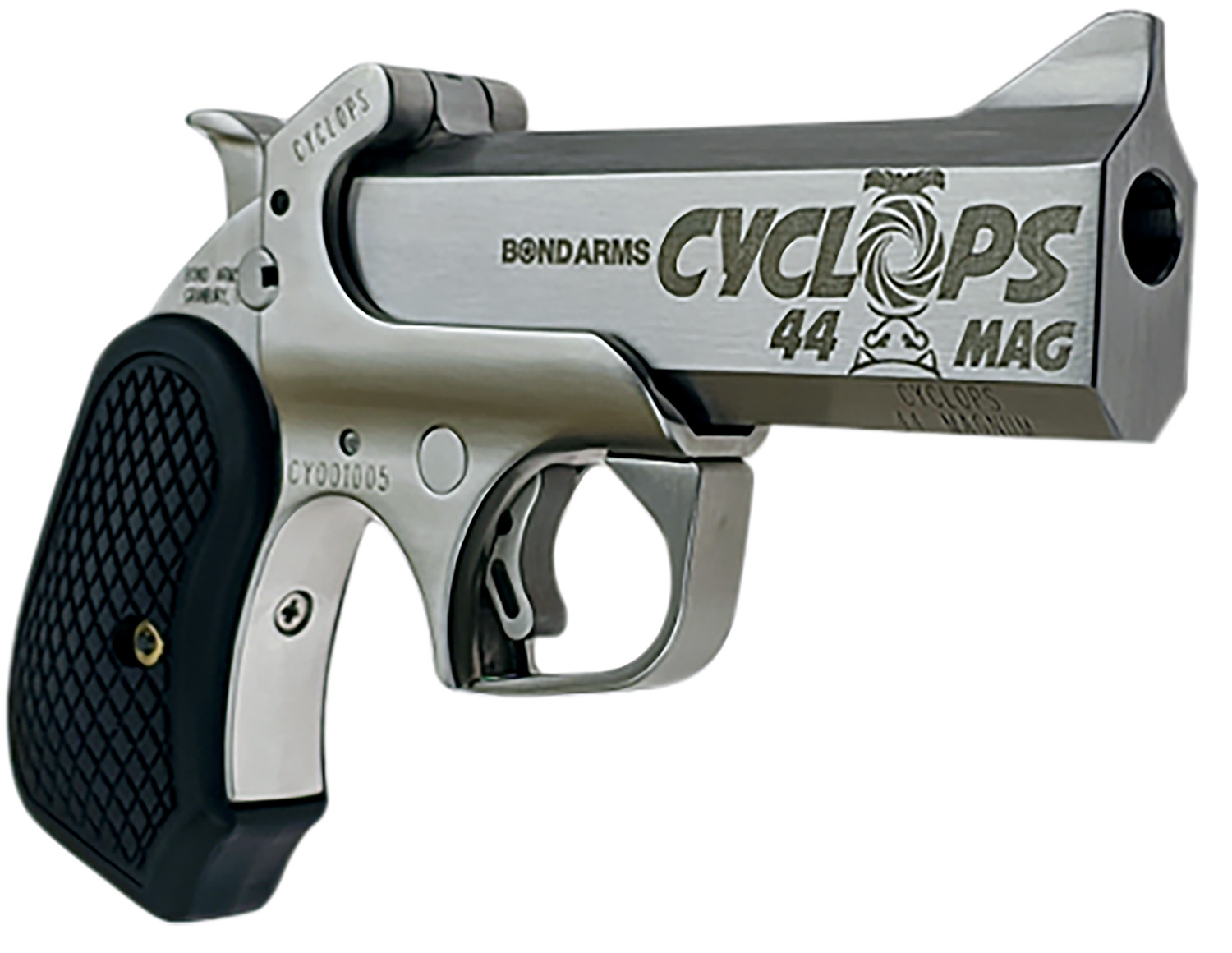 Bond Arms BACYP Cyclops Big Bore 44 Mag 1rd 4.25″  Stainless Steel w/Engraved Barrel, Matte Stainless Frame, Black Extended B6 Resin Grip