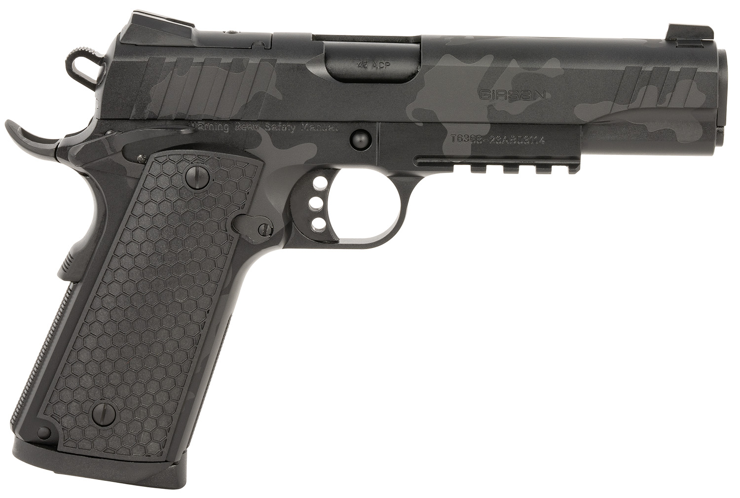 Girsan 391157 MC1911 S Influencer Full Size 45 ACP 8+1 5″ Black Steel Barrel, Black Camo Optic Ready/Serrated Steel Slide & Frame w/Picatinny Rail & Beavertail, Black Polymer Grip