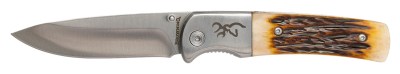 Browning 3220500B Buckmark Hunter 3″ Folding Drop Point Plain Stonewashed 8Cr13MoV SS Blade/Jigged Bone Handle Boxed