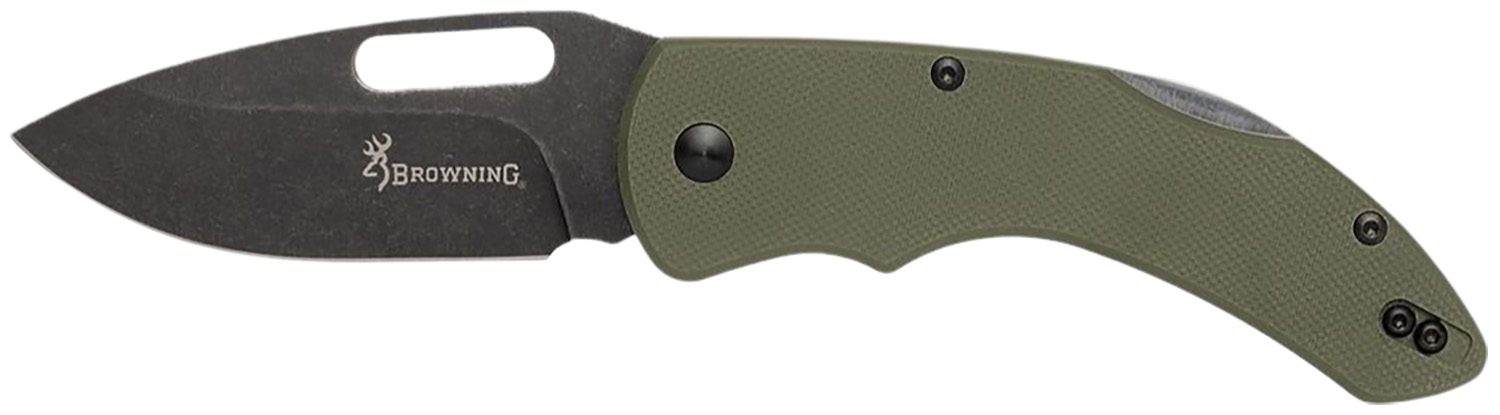 Browning 3220506 Hidden Hollow  EDC Large 3″ Folding Drop Point Plain Black Oxide Stonewashed D2 Steel Blade, OD Green G10 Handle