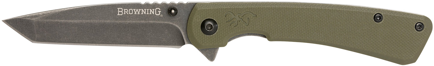 Browning 3220507 Branded Rock  EDC 3″ Folding Tanto Plain Black Stonewashed 7Cr17MoV SS Blade OD Green, G10 Handle