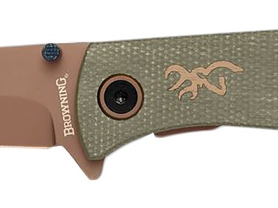 Browning 3220516B Trailside  EDC Small 3″ Folding Modified Drop Point Plain Titanium Finish D2 Steel Blade, Green Micarta Handle, Boxed Pkg