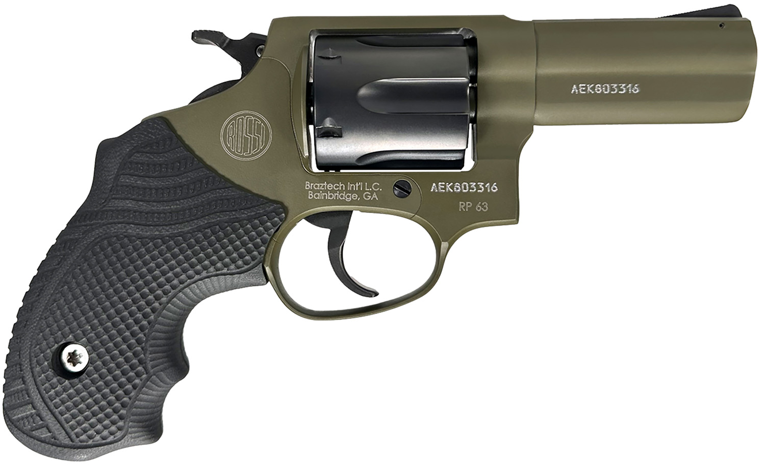 Rossi 2-RP631F-LOK RP63  Small Frame 357 Mag/38 Special +P 6rd 3″ Sniper Green Cerakote Stainless Steel Barrel, Satin Stainless Cylinder, Sniper Green Cerakote Stainless Steel Frame, Black LOK Grip