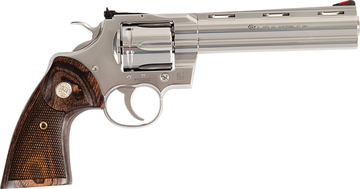 Colt Mfg PYTHONSP6WFTG Python Target 357 Mag 38 Special 6 Shot 6″ Stainless Recessed Target Vent Rib Barrel, Cylinder & Frame, Walnut w/Medallion Grip, Exposed Hammer