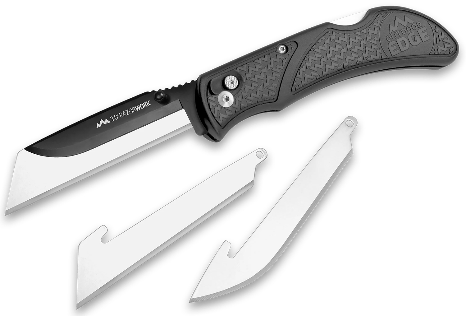 Outdoor Edge RW3060C RazorWork  3″ Folding Drop Point/Utility Plain/Gut Hook Black Satin 420J2 SS Blade, Gray Nonslip Gray Grivory w/TPR Inserts Handle