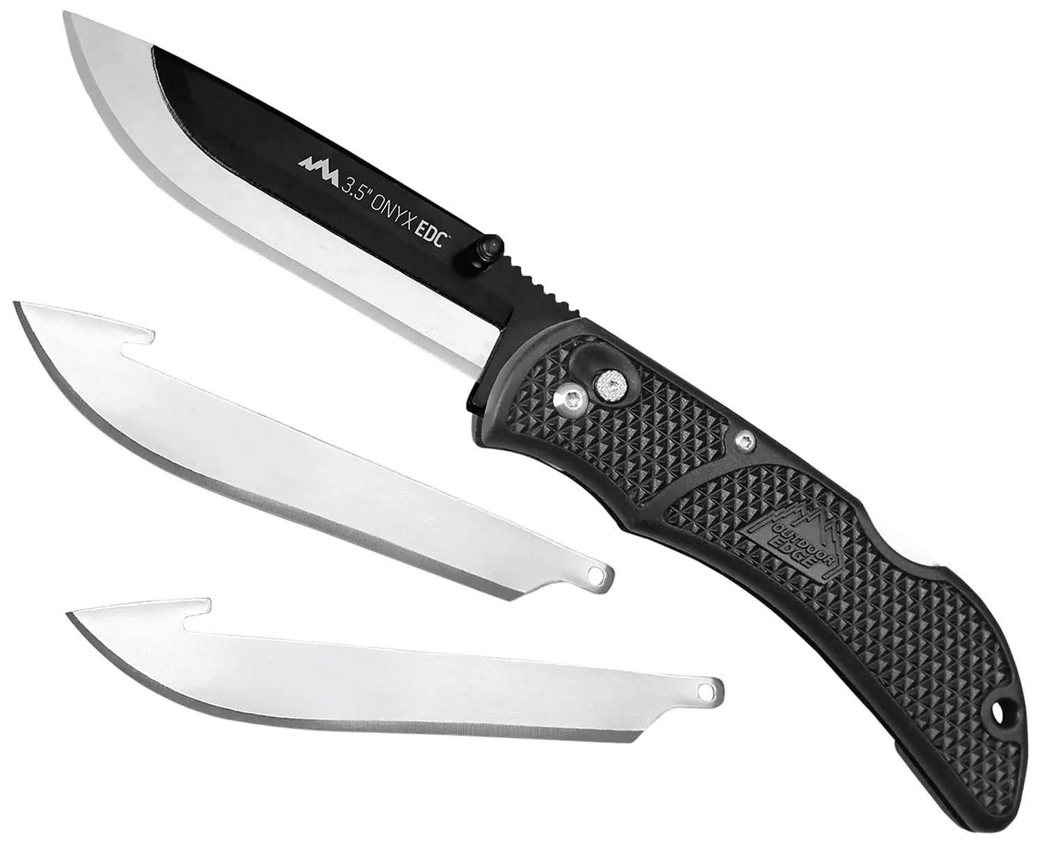 Outdoor Edge OX10C Onyx  3 Blades, 3.50″ Folding Drop Point Plain Satin/Black Oxide 420J2 SS Blade, 4.50″ Black Textured Grivory Handle