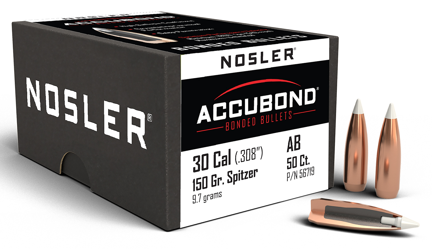 Nosler 56719 AccuBond  30Cal 150gr Spitzer Point Boat Tail 50/Box