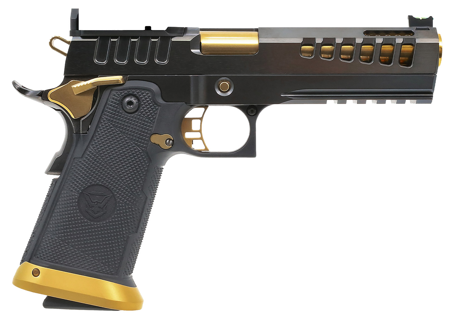 Watchtower Firearms DEMOLITIA9MM5ELITE Demolitia  Full Size Frame 9mm Luger 20+1 5″ Gold Plated PVD Ported Barrel, Graphite PVD Optic Cut/Serrated Steel Slide, Graphite PVD Frame, Black Textured Grip