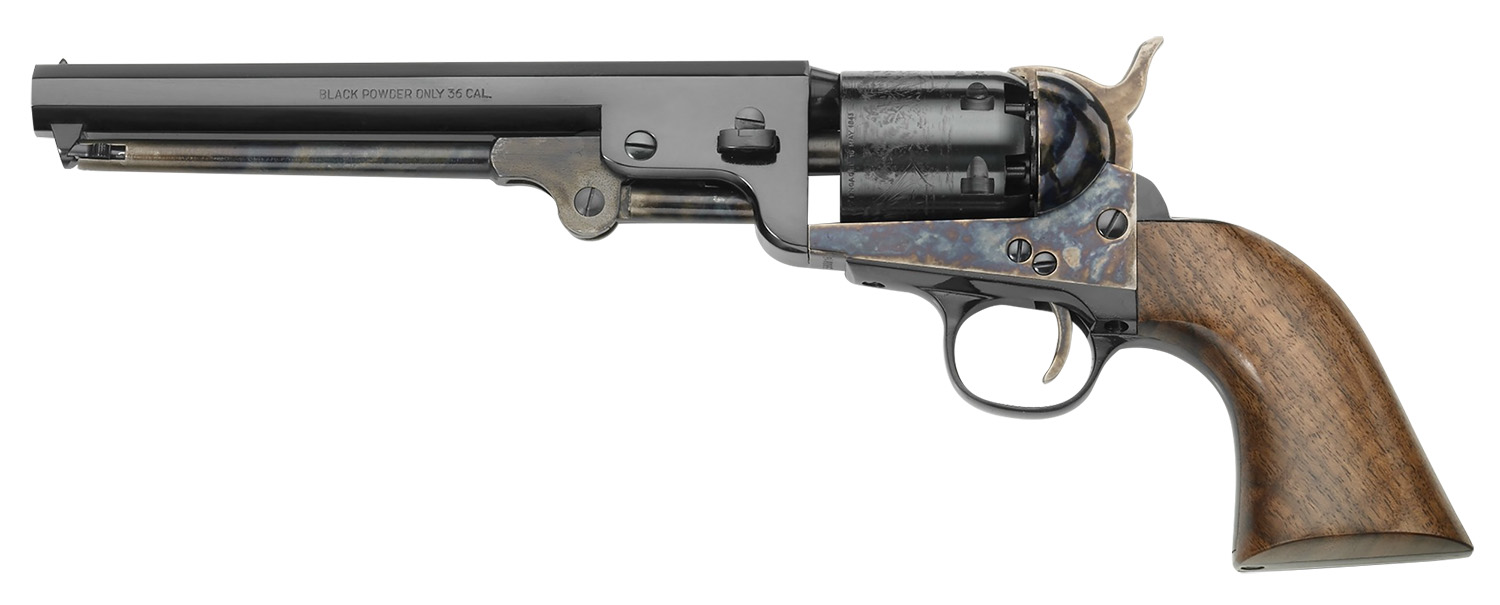 Pietta PF51CHS36712 1851 Navy London 36 Cal 6rd 7.50″ Blued Octagon Barrel, Blued Cylinder, Color Case Hardened Steel Frame, Walnut Grip, Exposed Hammer