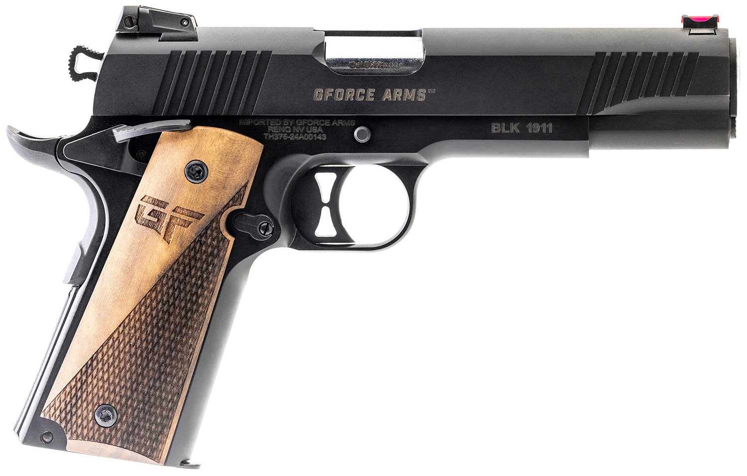 Gforce Arms GF199BW Chronicle 1911 9mm Luger 9+1 5″ Stainless Steel Barrel, Black Serrated Steel Slide, Black Cerakote Aluminum Frame, Turkish Walnut Grip