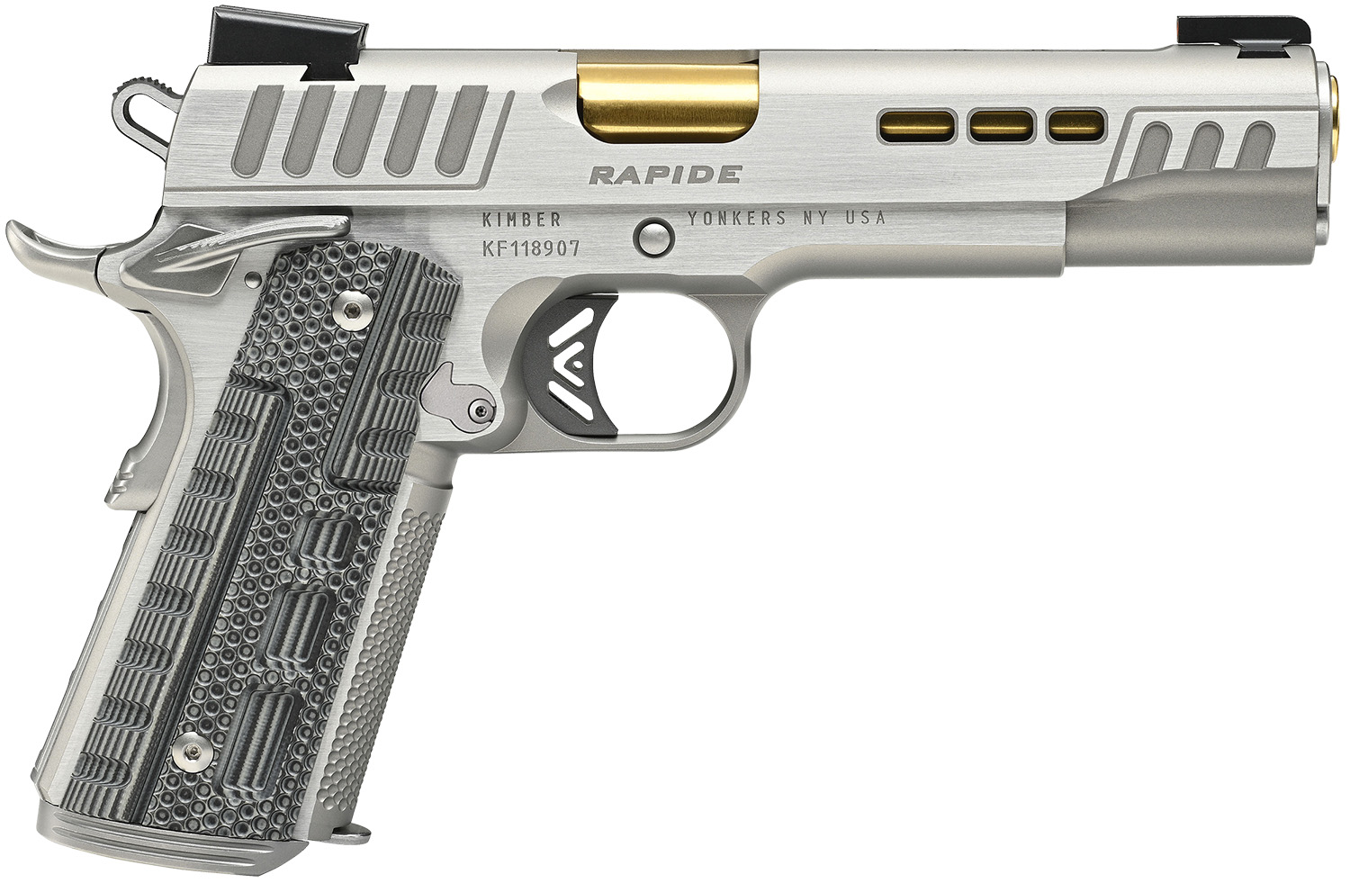 Kimber Mfg.,inc 3000423CA Rapide Dawn (CA) (MA) 45 ACP 8+1 5″ KimPro Silver Front and Rear Serrations Stainless Steel Slide Gray/black Rapide G10 Grip