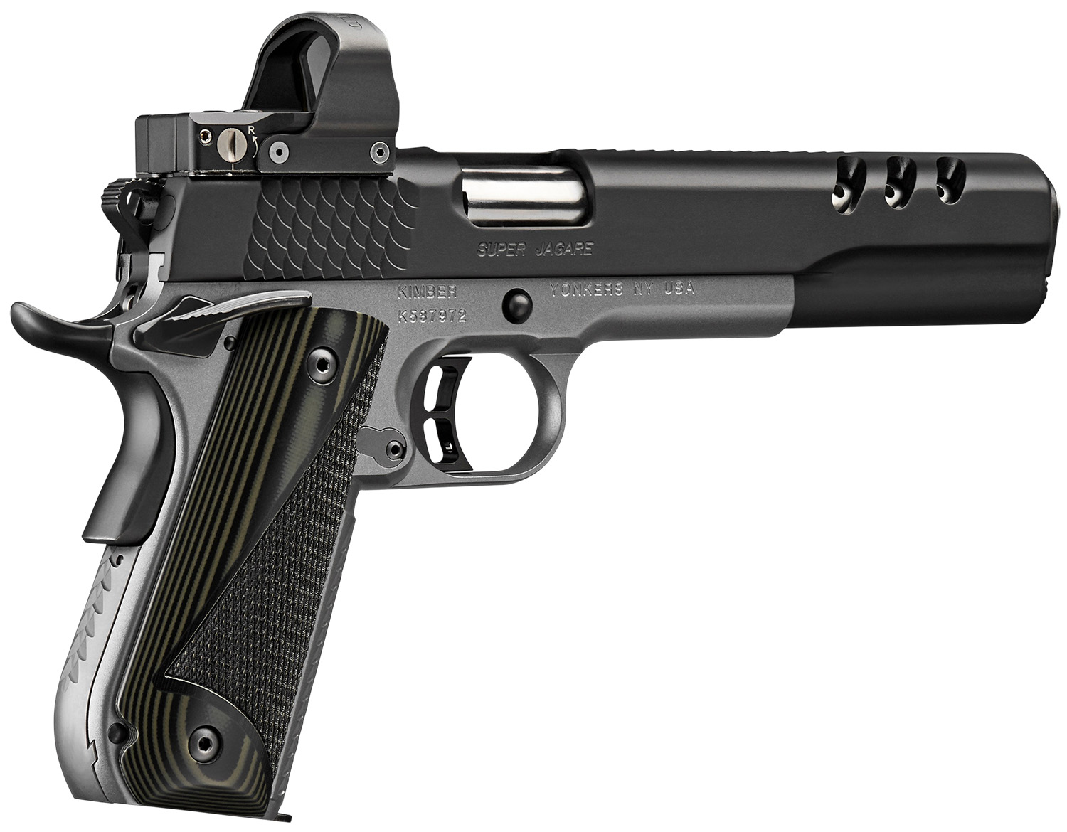 Kimber Mfg, Inc 3000278 Super Jagare w/Optic 10mm Auto 8+1 6″ Stainless Match Grade Barrel, Diamond Carbon Coating Ported/Serrated Stainless Steel Slide, Kimpro II Gray Micarta Grip, Delta Pro Red Dot