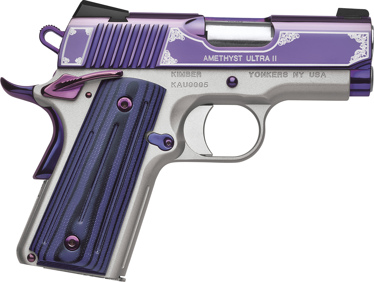 Kimber Mfg, Inc 3200319 Ultra II  9mm Luger 8+1 3″ Stainless Match Grade Barrel, Engraved Purple Amethyst PVD Serrated Stainless Steel Slide, Satin Silver Aluminum Frame w/Beavertail, G10 Grip