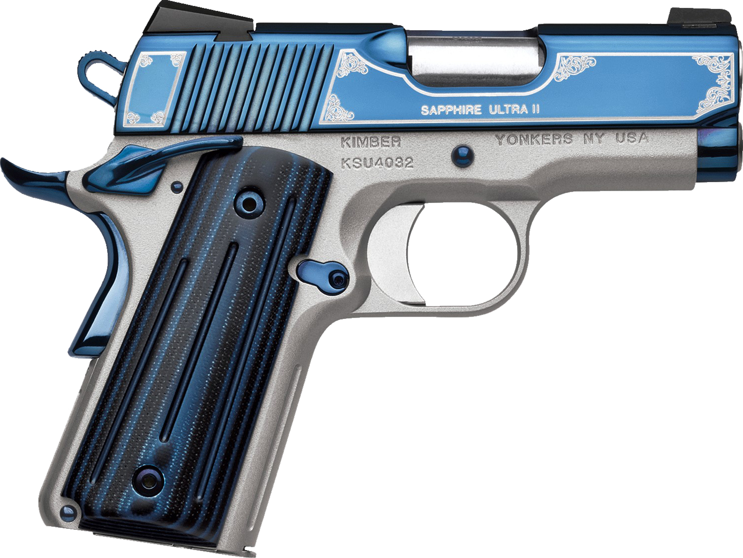 Kimber Mfg, Inc 3200362 Ultra II  45 ACP 7+1 3″ Stainless Match Grade Barrel, Engraved Sapphire Blue PVD Serrated Stainless Steel Slide, Satin Silver Aluminum Frame w/Beavertail, G10 Grip