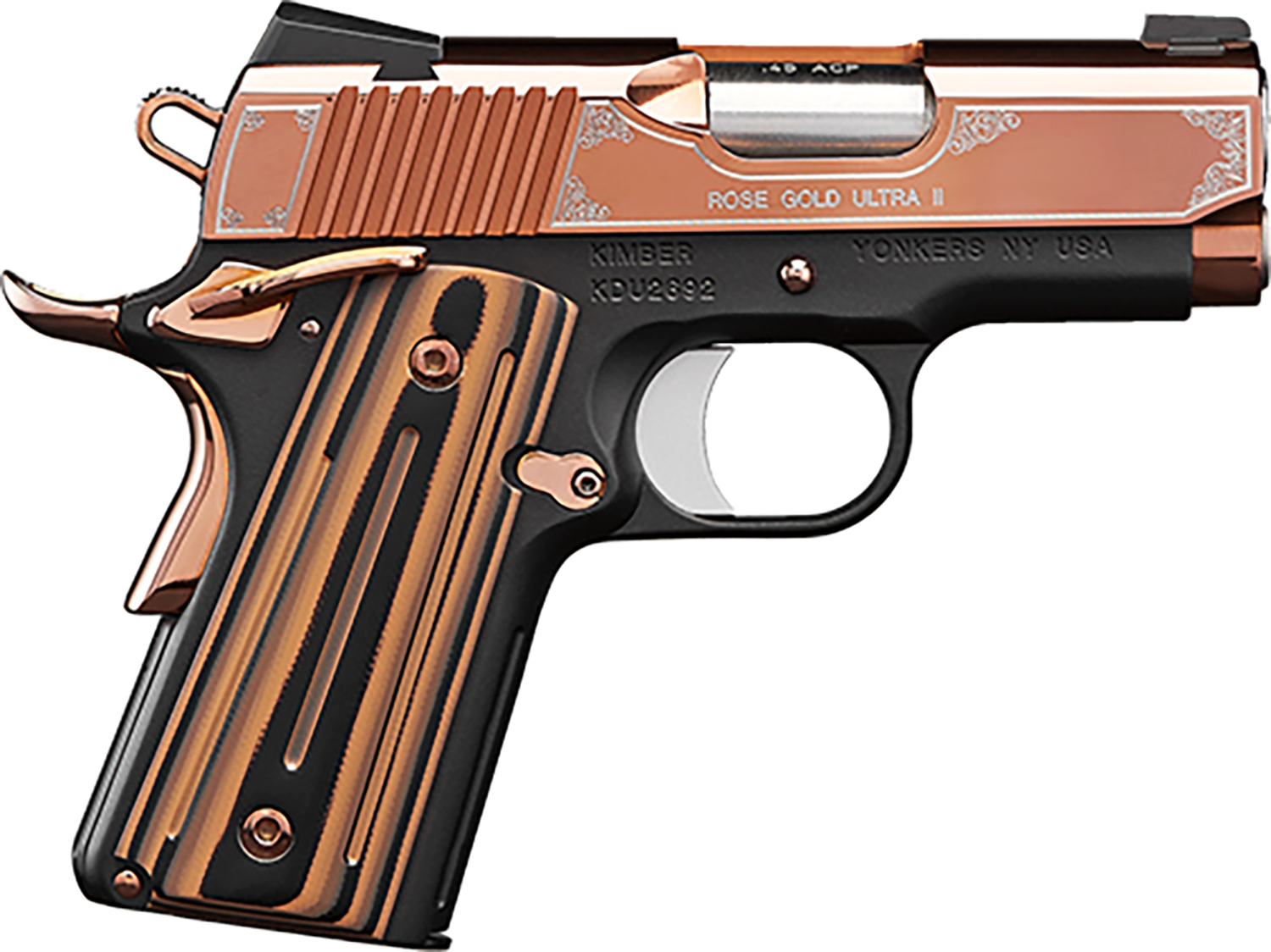 Kimber Mfg, Inc 3200372 Ultra II  9mm Luger 8+1 3″ Stainless Match Grade Barrel, Engraved Rose Gold PVD Serrated Stainless Steel Slide, Kimpro II Black Aluminum Frame w/Beavertail, G10 Grip