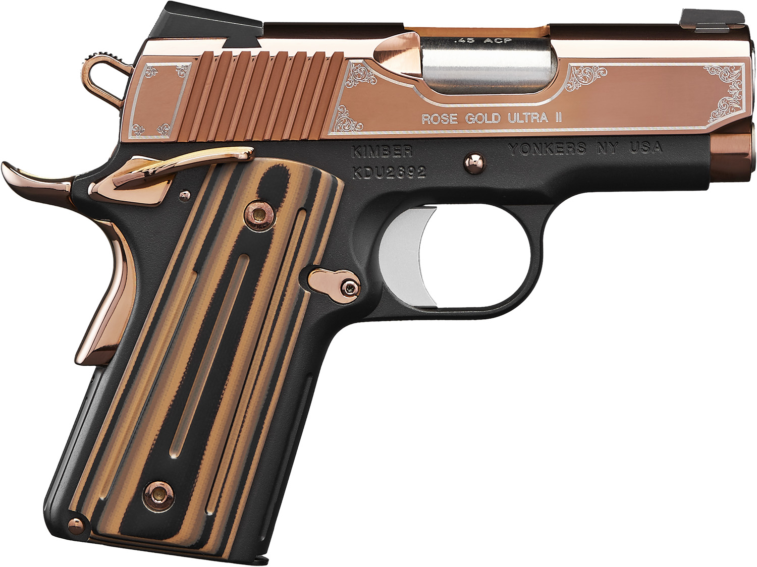 Kimber Mfg, Inc 3200373 Ultra II  45 ACP 7+1 3″ Stainless Match Grade Barrel, Engraved Rose Gold PVD Serrated Stainless Steel Slide, Kimpro II Black Aluminum Frame w/Beavertail, G10 Grip