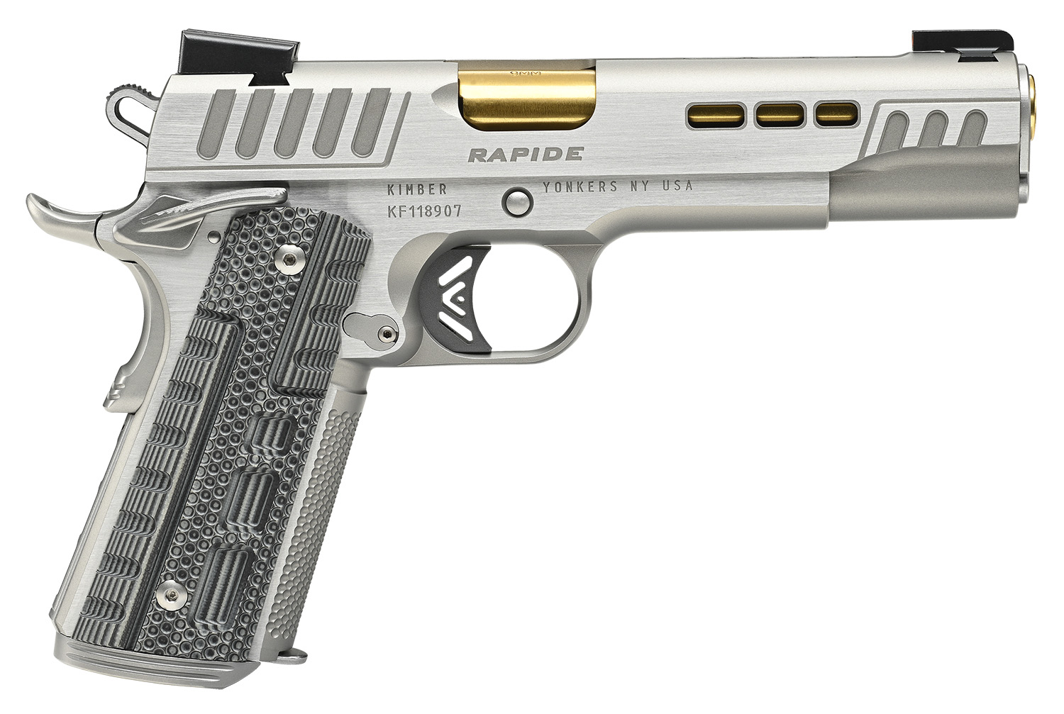 Kimber Mfg.,inc 3000424 Rapide Dawn 10mm Auto 8+1 5″ Gold TiN Stainless Steel Barrel, Lightening Cut/Serrated Stainless Steel Slide, Stainless Steel Frame w/Beavertail, Black & Gray G10 Grip