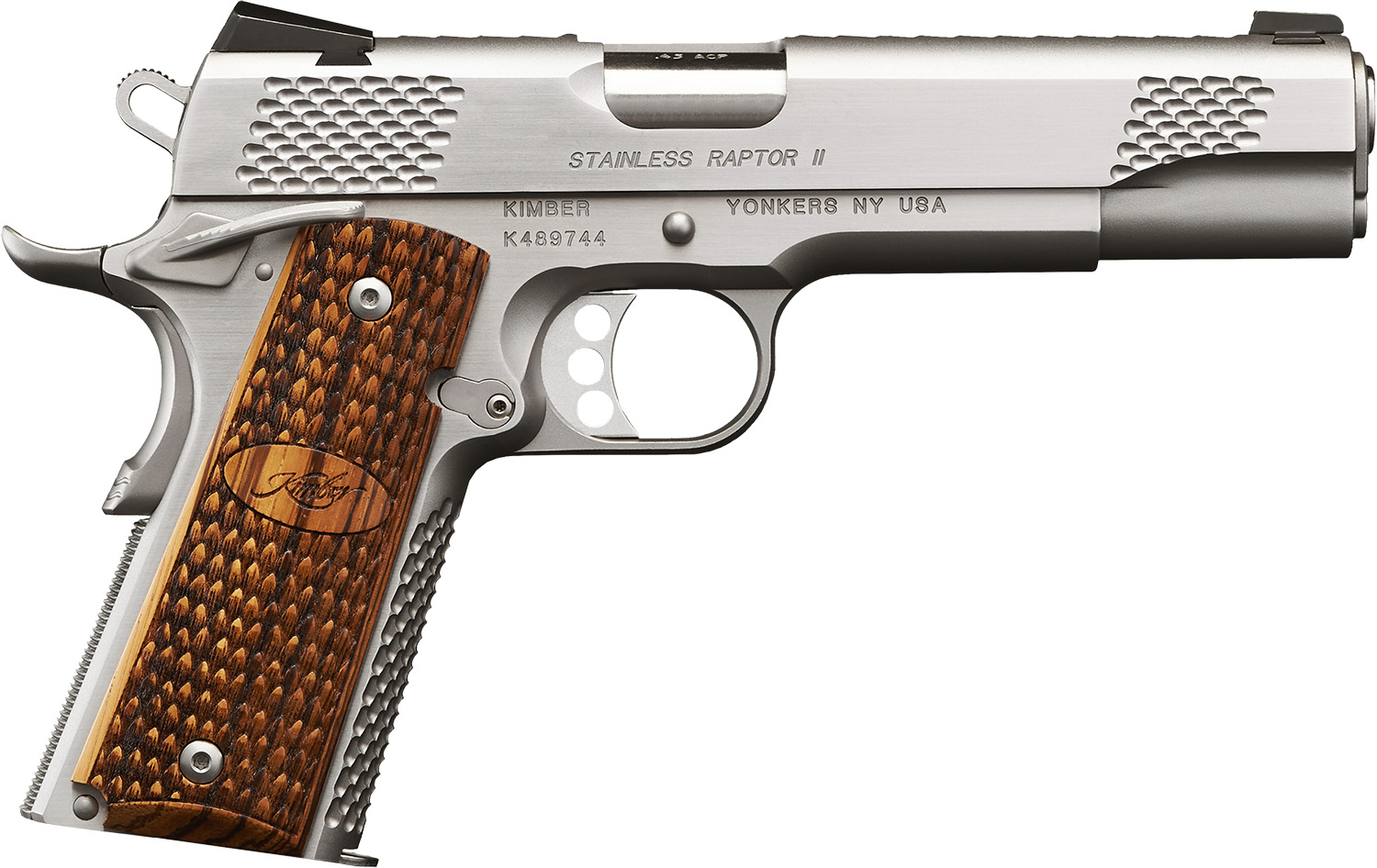 Kimber Mfg.,inc 3200365 Stainless Pro Raptor II 9mm 9+1 4″ Stainless Steel Slide Satin Silver Zebrawood w/ Scale Pattern and Kimber Logo Grip