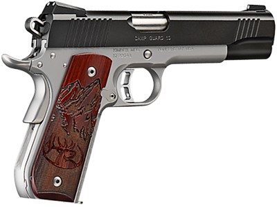 Kimber Mfg, Inc 3000233 Camp Guard  10mm Auto 8+1 5″ Stainless Match Grade Barrel, Matte Black Serrated Stainless Steel Slide, Satin Silver Stainless Steel Frame w/Beavertail, Rosewood Grip