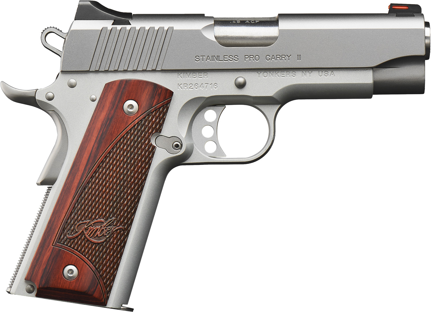 Kimber Mfg, Inc 3200324 Pro Carry II  45 ACP 7+1 4″ Match Grade  Stainless Steel Barrel, Satin Silver Serrated Stainless Steel Slide, Satin Silver Aluminum Frame w/Beavertail, Rosewood Grip