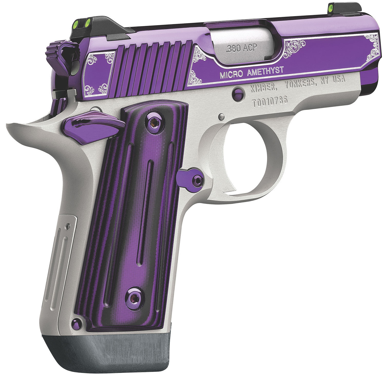 Kimber Mfg.,inc 3300160 Micro Amethyst NS 380 ACP 7+1 2.75″ Amethyst purple PVD Stainless Steel Slide Satin Silver G10 Grip