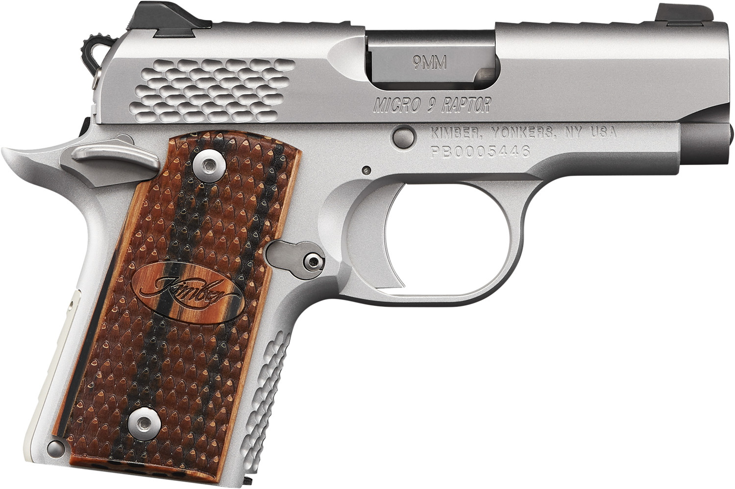 Kimber Mfg.,inc 3300109 Micro 9 Stainless Raptor 9mm 6+1 3.15″ Stainless Steel Slide KimPro Silver Zebrawood with Scale Pattern and Kimber logo Grip