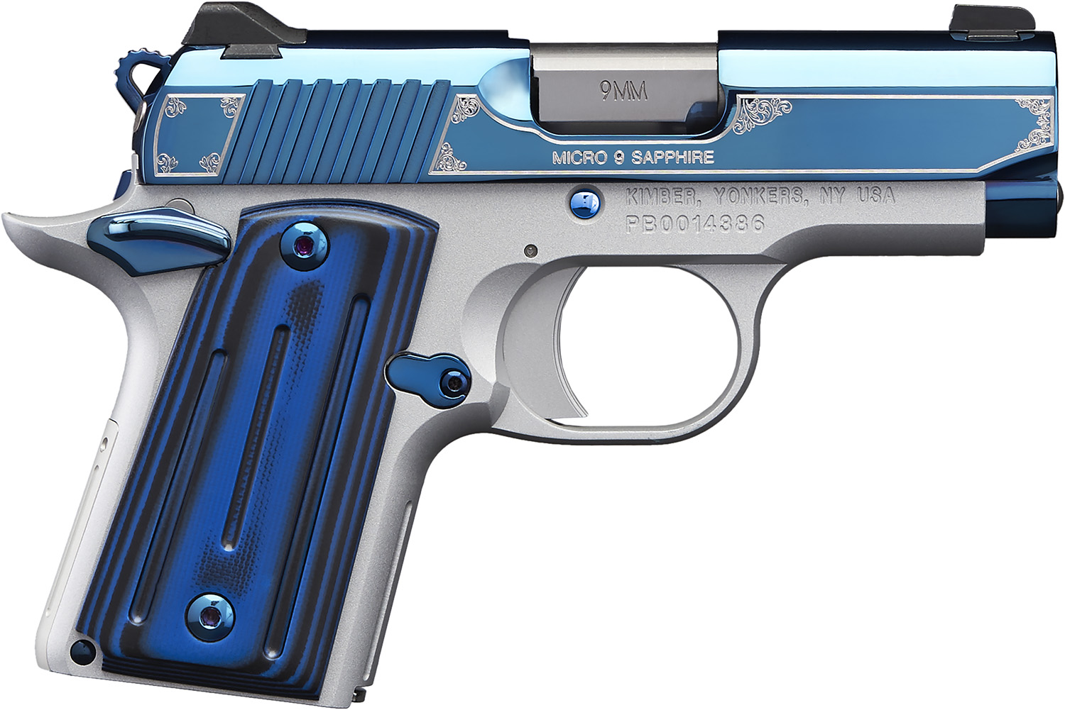 Kimber Mfg.,inc 3300111 Micro 9 Sapphire 9mm 6+1 3.15″ Polished Bright Blue PVD Coating Stainless Steel Slide G-10 Grip