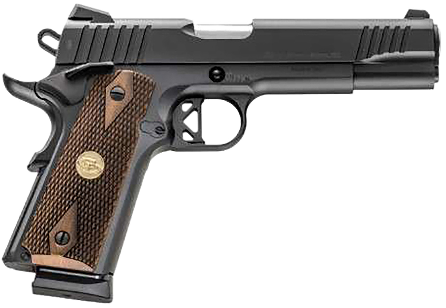 Chiappa Firearms 440211 1911 Superior Full Size 45 ACP 8+1 5″ Stainless Steel Barrel, Black Steel Optic Ready/Serrated Slide & Frame w/Beavertail, Walnut Diamond Checkered Grip, RMR/RMSc Footprint