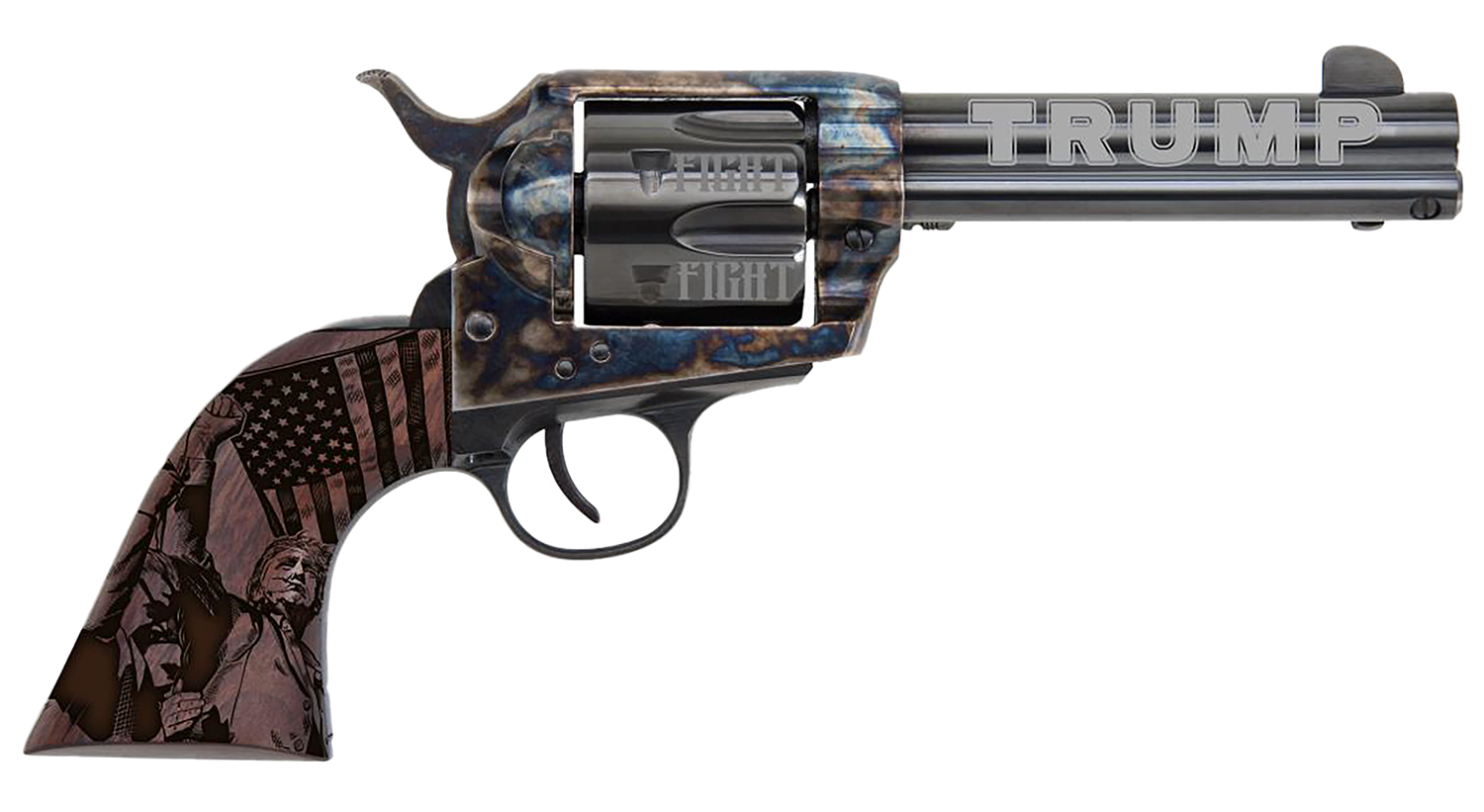 Traditions SAT73002FT 1873 Trump-Fight 45 Long Colt 6 Shot 4.75″ Blued “Trump” w/Engraved Barrel, “Fight” Engraved Cylinder, Color Case Hardened Steel Frame, Walnut w/Trump Design Grip, Exposed Hammer