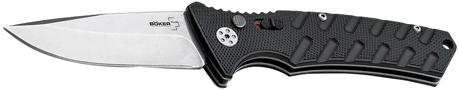 Boker 01BO457 Plus Strike Auto Pocket 3.35″ Drop Point Plain Black D2 Steel Blade Aluminum Handle