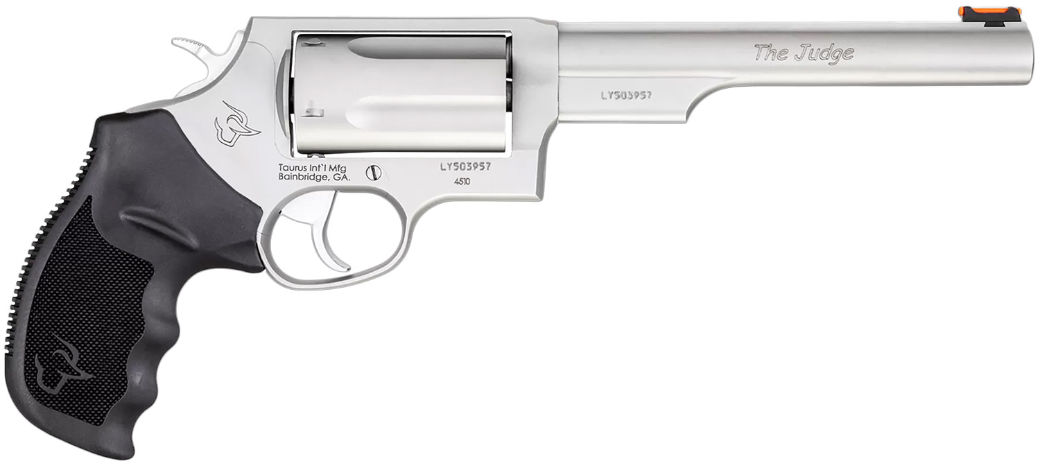 Taurus 2-441069T Judge  Compact 45 Colt (Long Colt)/410 Bore 5 Shot 6.50″ Matte Stainless Steel Barrel, Cylinder & Frame, Black Ribber Grip, Transfer Bar Safety, Exposed Hammer