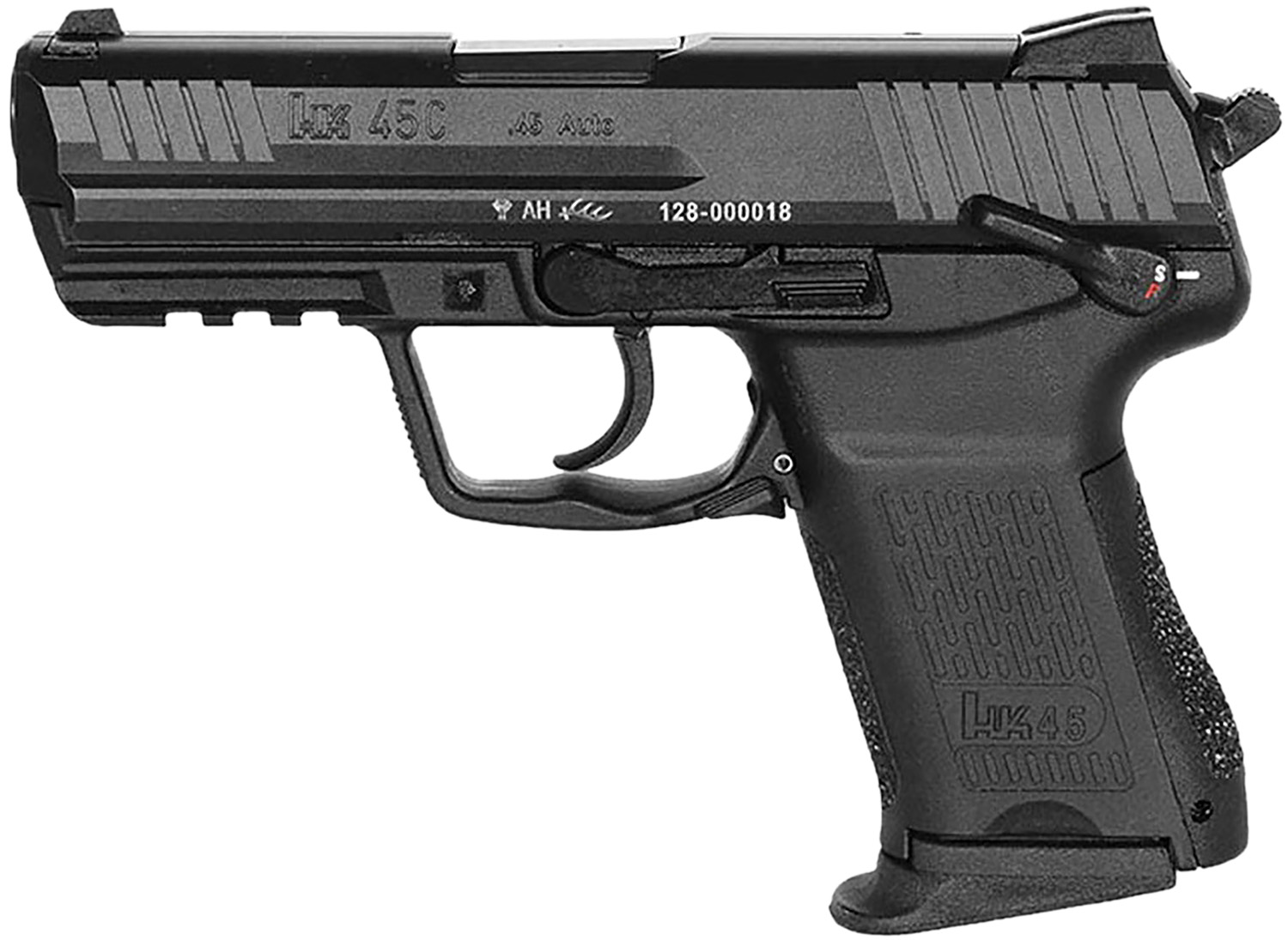 HK 81001111 HK45C V1 Compact Frame 45 ACP 8+1 3.94″ Black Polygonal Rifled Barrel, Black Serrated Steel Slide, Black Polymer Frame w/Picatinny Rail, Black Interchangeable Backstrap Grip, Ambidextrous