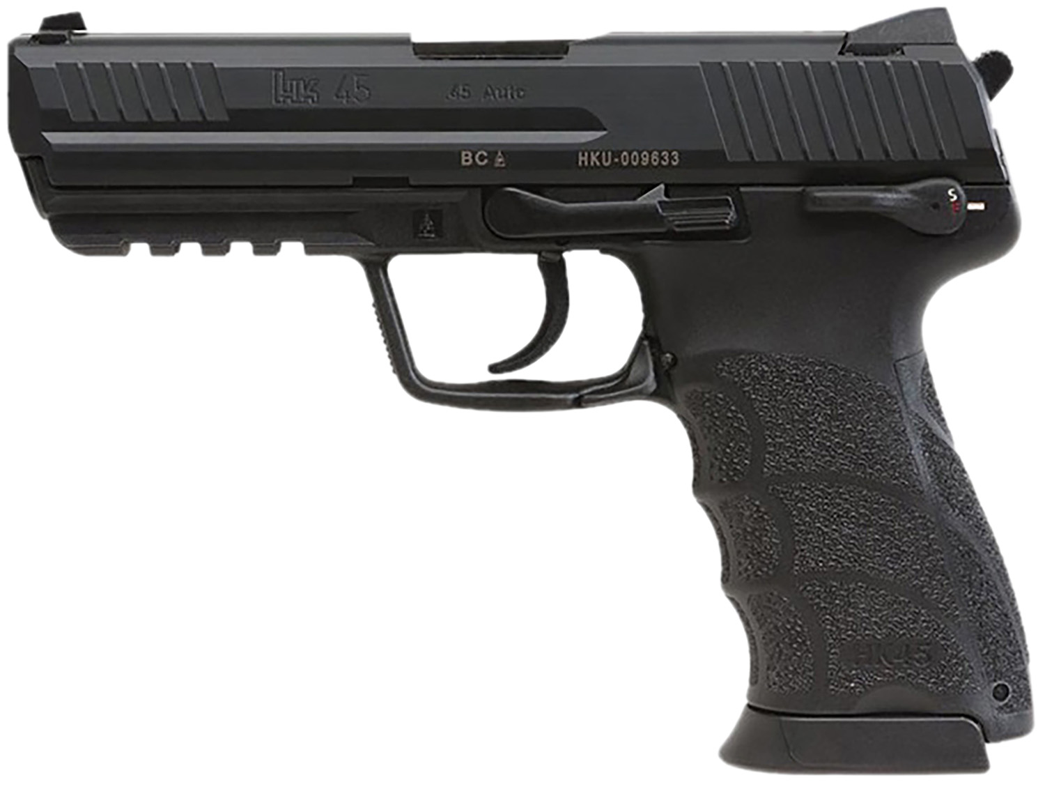 HK 81001113 HK45 V1 45 ACP 10+1 4.46″ Black Polygonal Rifled Barrel, Black Cerakote Serrated Steel Slide, Black Polymer Frame w/Picatinny Rail, Ambidextrous