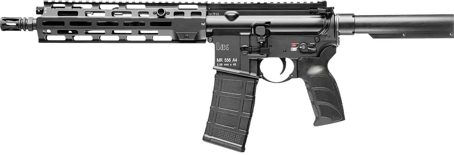 HK 81001050 MR556 A4 5.56x45mm 30+1 11″ Black Threaded Barrel, M-LOK Handguard, Black Picatinny Rail Receiver, Black Pistol Tube, Black Polymer Grip, Ambidextrous
