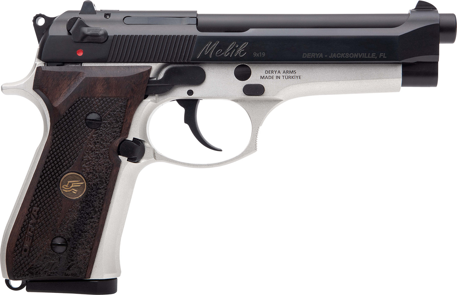 Derya Firearms 15LTTMELIK9TR Melik  9mm Luger 15+1 4.90″ Black Melonite Steel Barrel, Black Melonite Serrated Steel Slide, Silver Anodized Aluminum Frame, Dark Walnut Grip